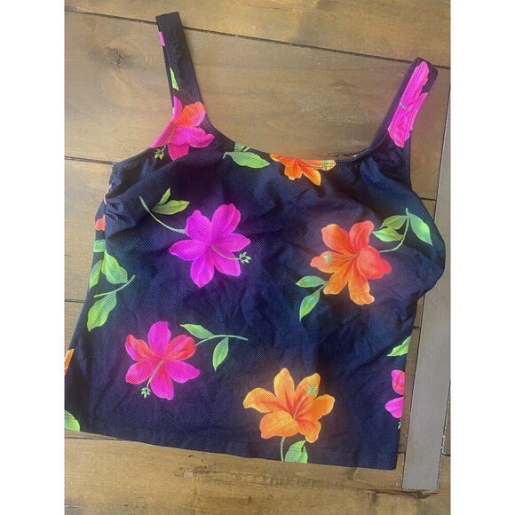 Womens Vintage longitude Black Tankini top Bright Flowers Textured Flattering 16 - Picture 1 of 7